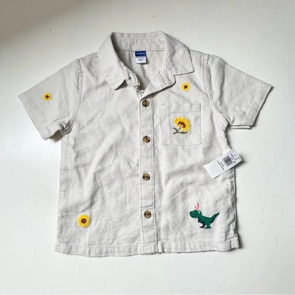 Old Navy Baby Button Front Short Sleeve  Embroidered Shirt Sz 18-24 M NWT